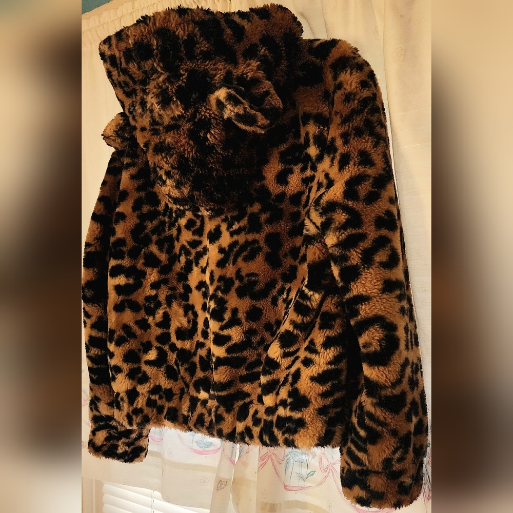Merona PLUSH FAUX FUR LEOPARD ANIMAL PRINT EARS Hooded Jacket Coat (S) L… - Picture 4 of 6